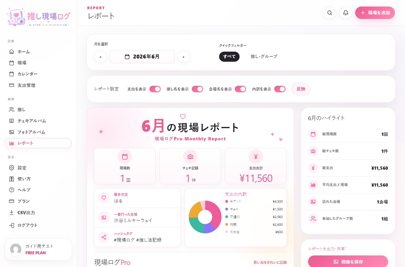 レポート画面の実画面スクリーンショット