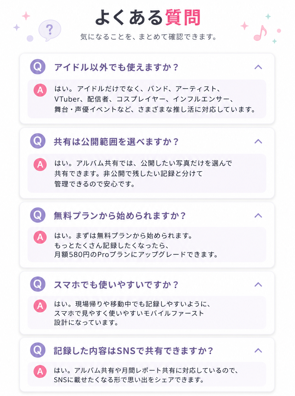 よくある質問。アイドル以外でも使えるか、共有範囲、無料プラン、スマホ対応、SNS共有についての回答。